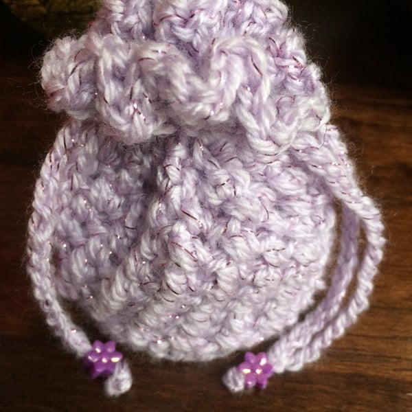 Hand Crocheted Luxury Purple Sparkly Drawstring Bag Handbag Coin Money Purse