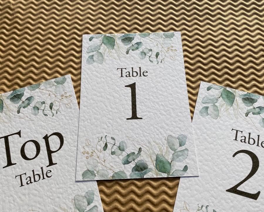 Eucalyptus greenery edge TABLE NUMBERS wedding foliage rustic gold leaves card