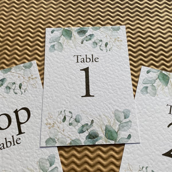 Eucalyptus greenery edge TABLE NUMBERS wedding foliage rustic gold leaves card