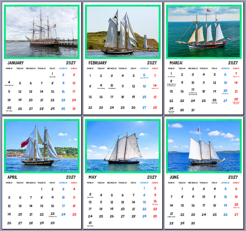 2027 Calendar Sailing Ships A4 Size Wall Hanging 