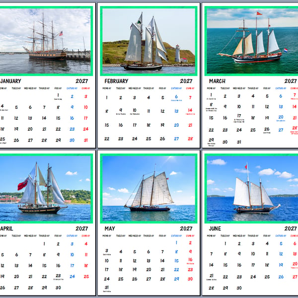 2027 Calendar Sailing Ships A4 Size Wall Hanging 