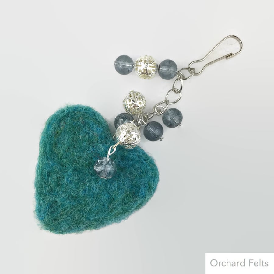 Heart bag charm, needle felted heart with beading, in turquoise