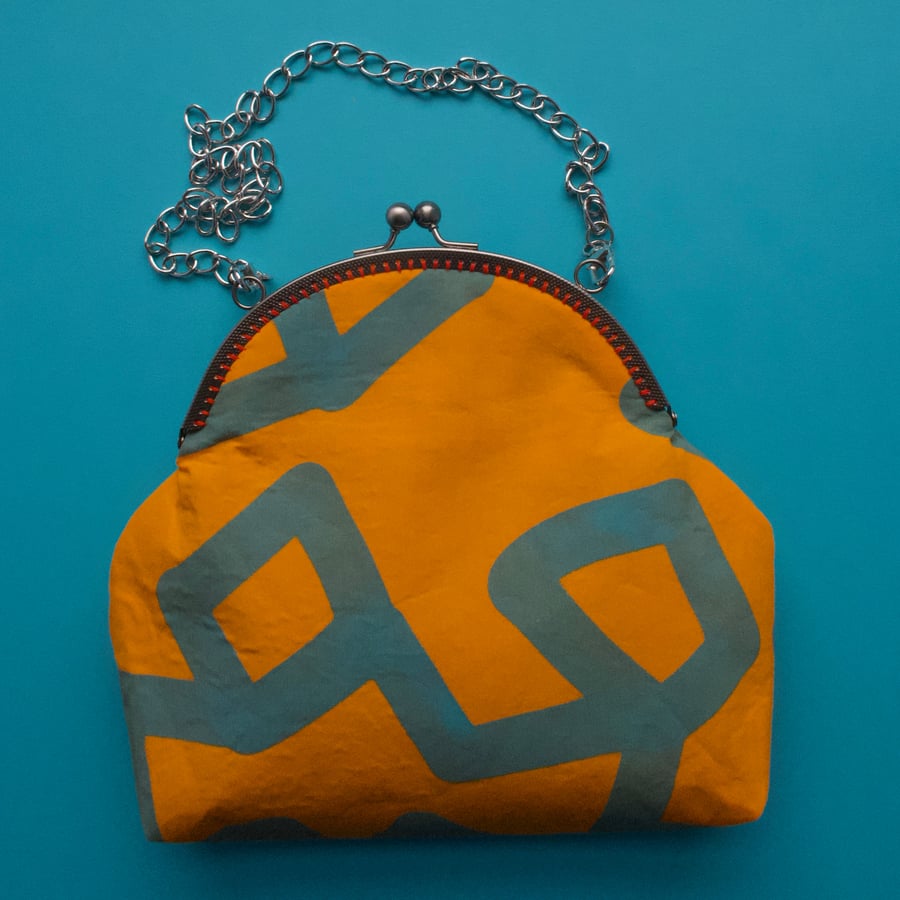 Hand painted fabric large purse or small hand bag - orange and teal