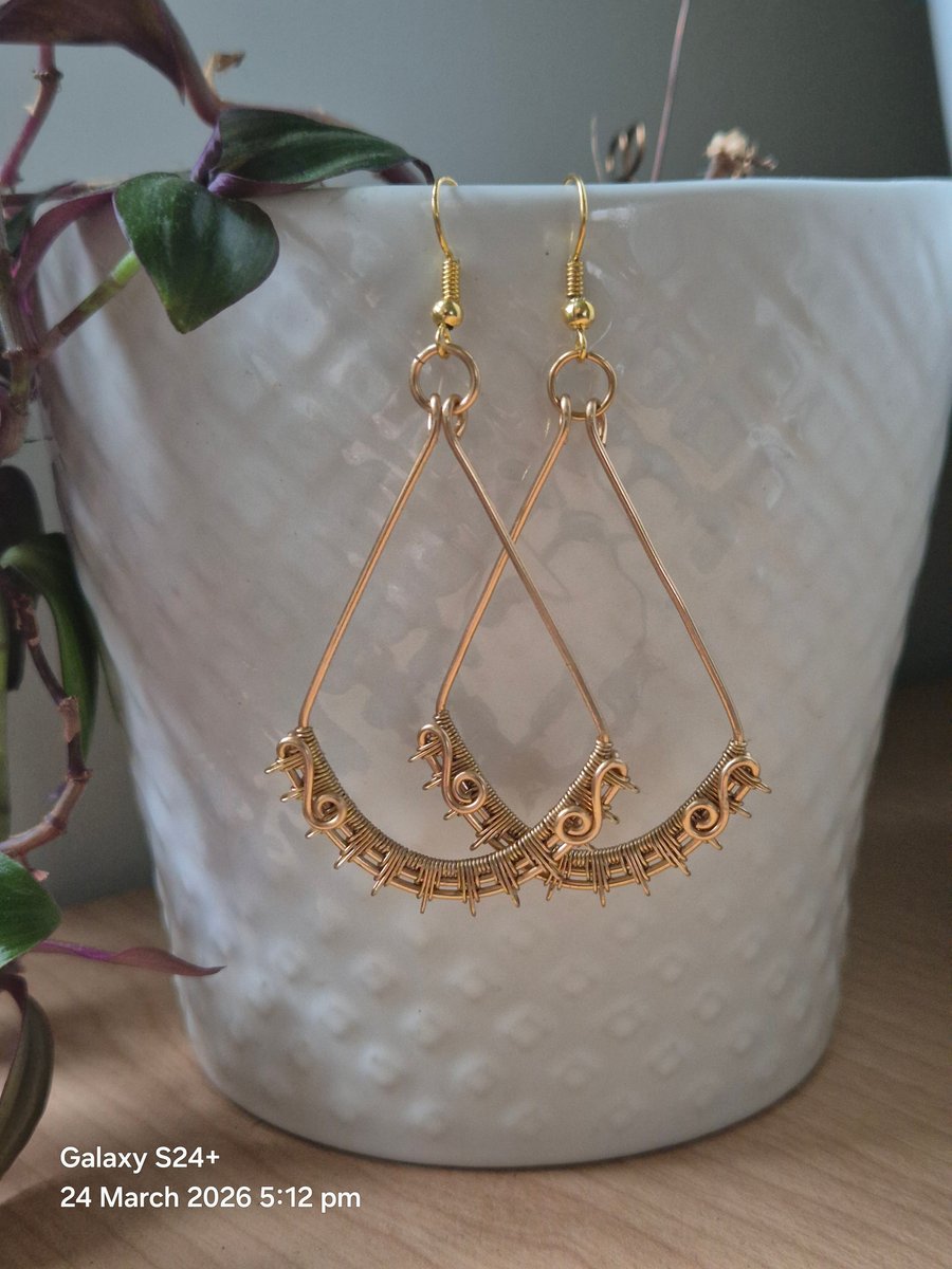 'Sun Ray' earrings, hand weaved and wrapped in Brass wire