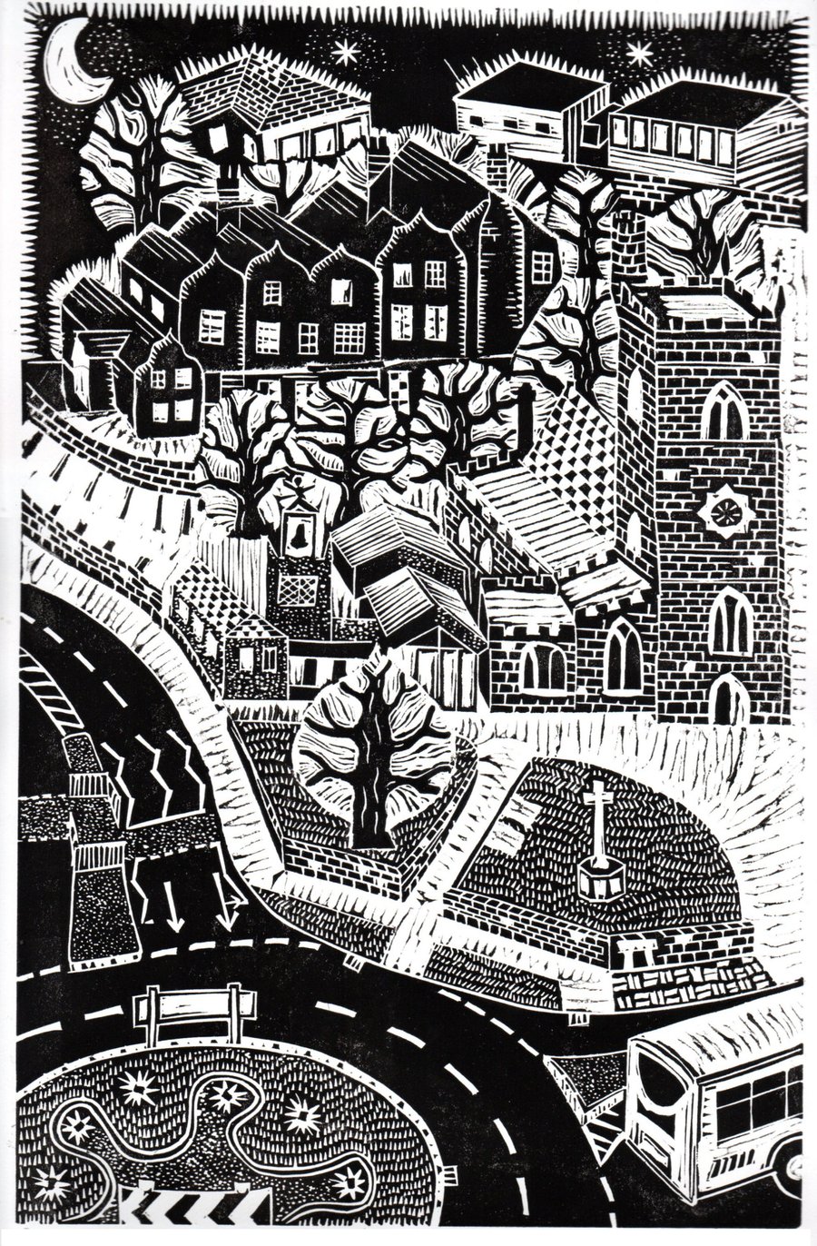 View Over St Nicolas Church, Nuneaton by John Freeman, linocut print