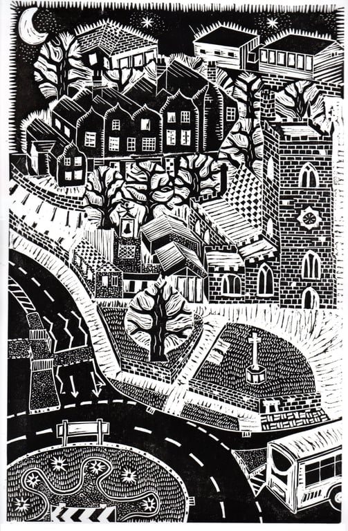 View Over St Nicolas Church, Nuneaton by John Freeman, linocut print