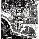 View Over St Nicolas Church, Nuneaton by John Freeman, linocut print