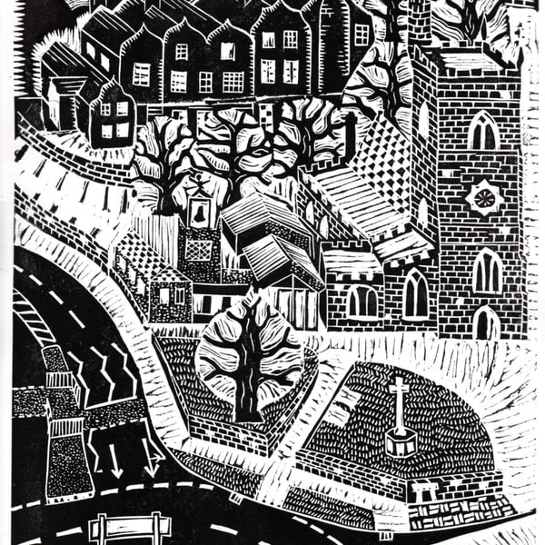 View Over St Nicolas Church, Nuneaton by John Freeman, linocut print