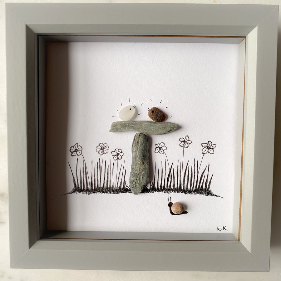 Sale-Bird bath design framed art with Cornwall sea glass and pebbles 