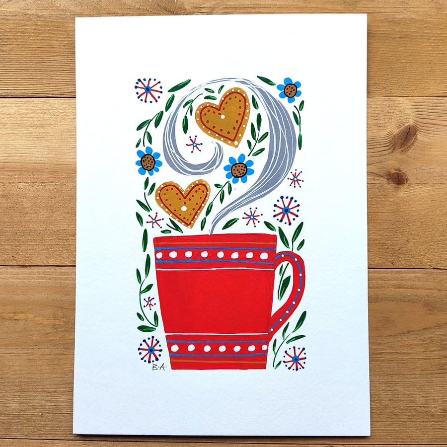 Personalised mug folk art painting,  A5 original artwork, gift for mothers day
