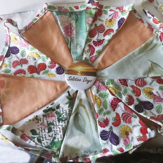 White green floral bunting, 12 flags, reusable cotton floral bunting 