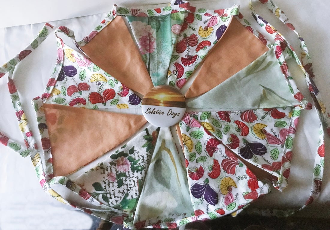 White green floral bunting, 12 flags, reusable cotton floral bunting 