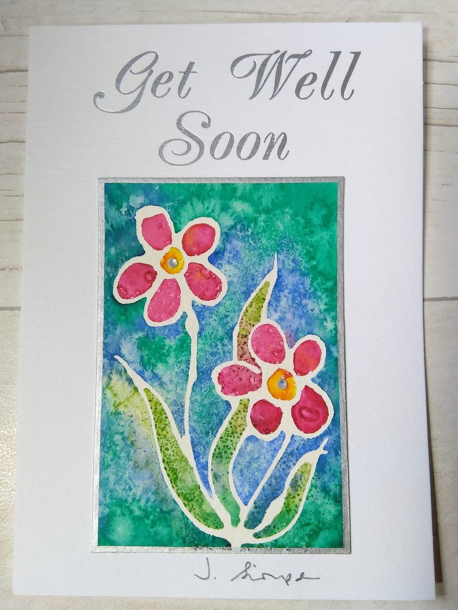 Hand painted watercolour card. Flowers card. Get well soon card.