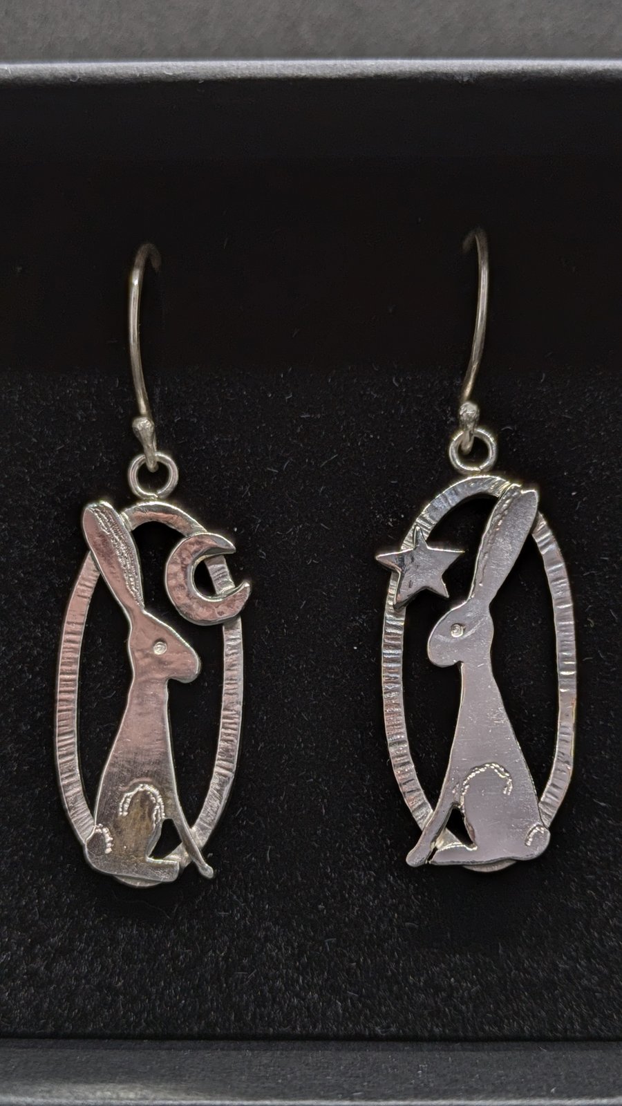 Hare earrings,Sterling silver drop earrings with hares and stars