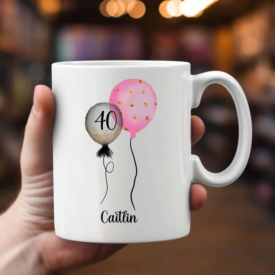 Personalised Birthday Mug, Pink Balloons,18th 21st, 30th,40th,50th,60th,70th 