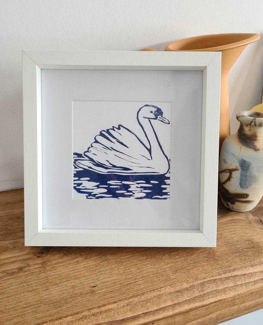 Framed original handprinted linocut blue swan gift idea