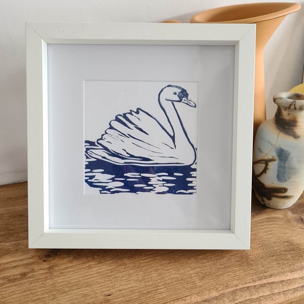 Framed original handprinted linocut blue swan gift idea