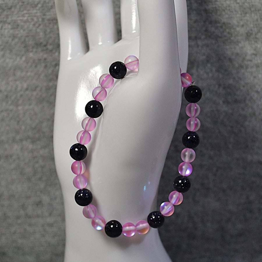 Pink Mermaid Glass and Blue Goldstone Elastic Bracelet