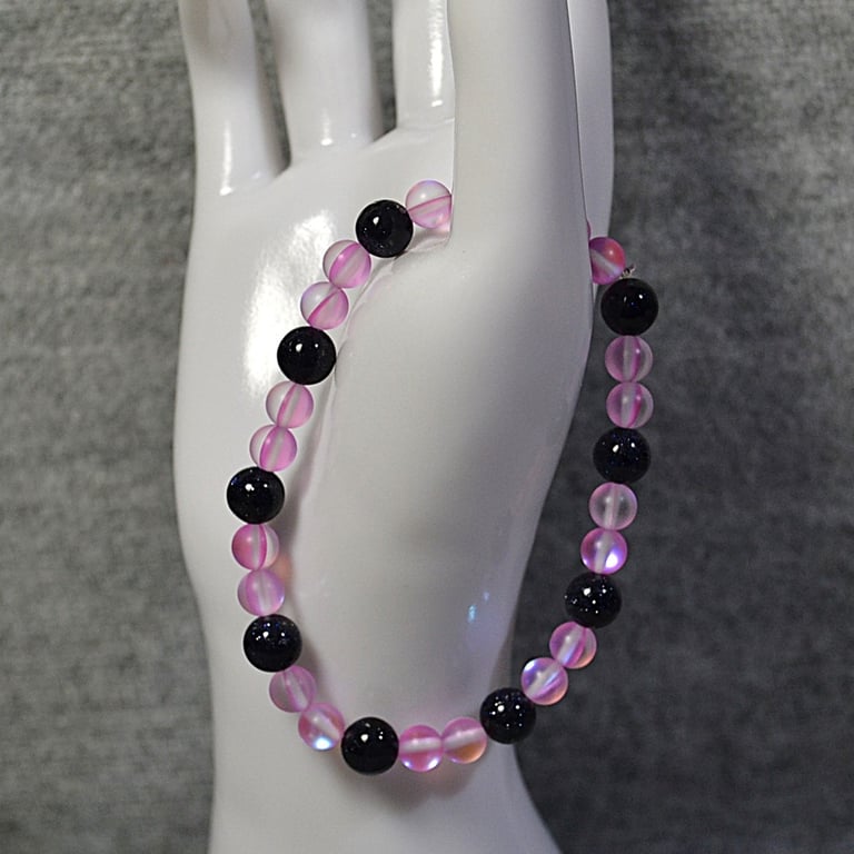 Pink Mermaid Glass and Blue Goldstone Elastic Bracelet