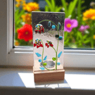 Fused Glass Floral Candle Holder with Wooden Base – Handmade Gift