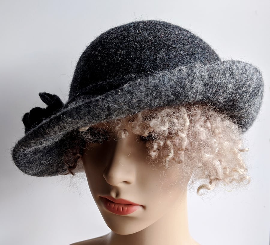 Tweedy charcoal and grey felted wool hat  - One of the 'Squashable' range