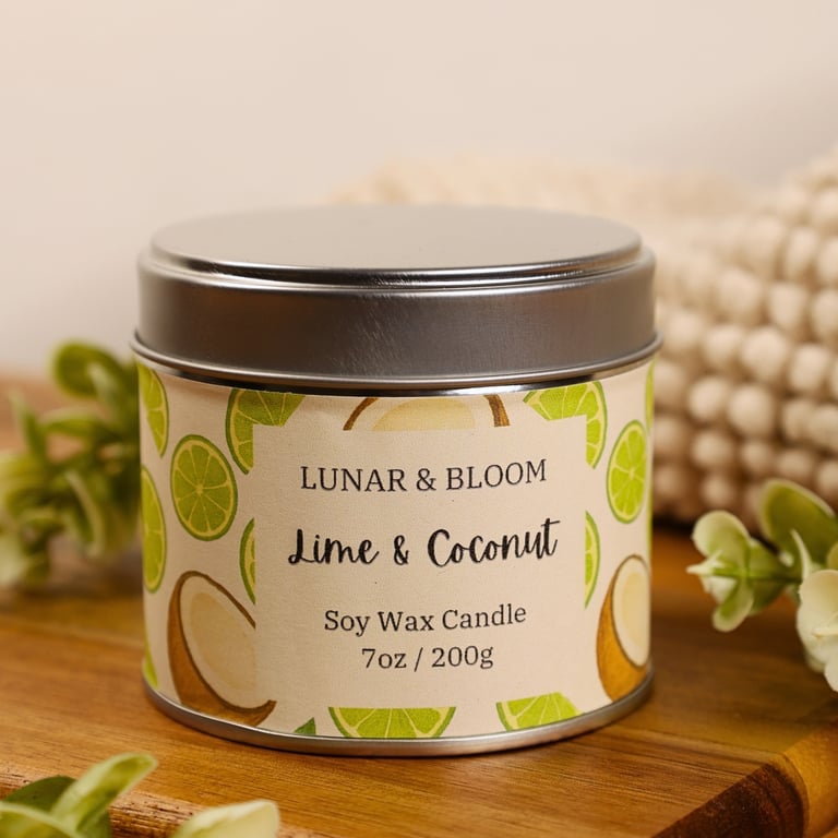 Lime and Coconut Soy Candle, Fresh Citrus Coconut Scent, Summer Candle, 200g