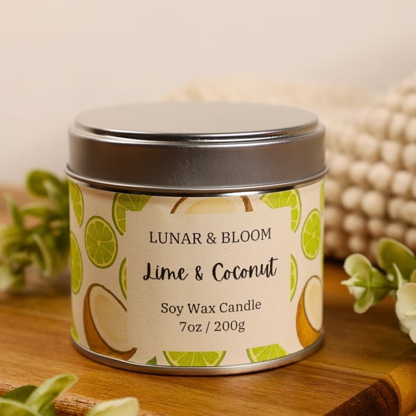 Lime and Coconut Soy Candle, Fresh Citrus Coconut Scent, Summer Candle, 200g