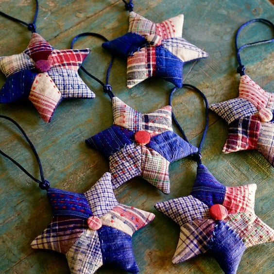 Vintage Fabric Star Ornament for Christmas Patchwork Stuffed Ornament