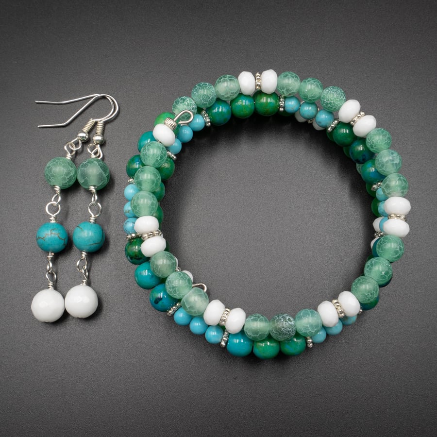Turquoise, agate, chrysocolla gemstone bracelet and earring set