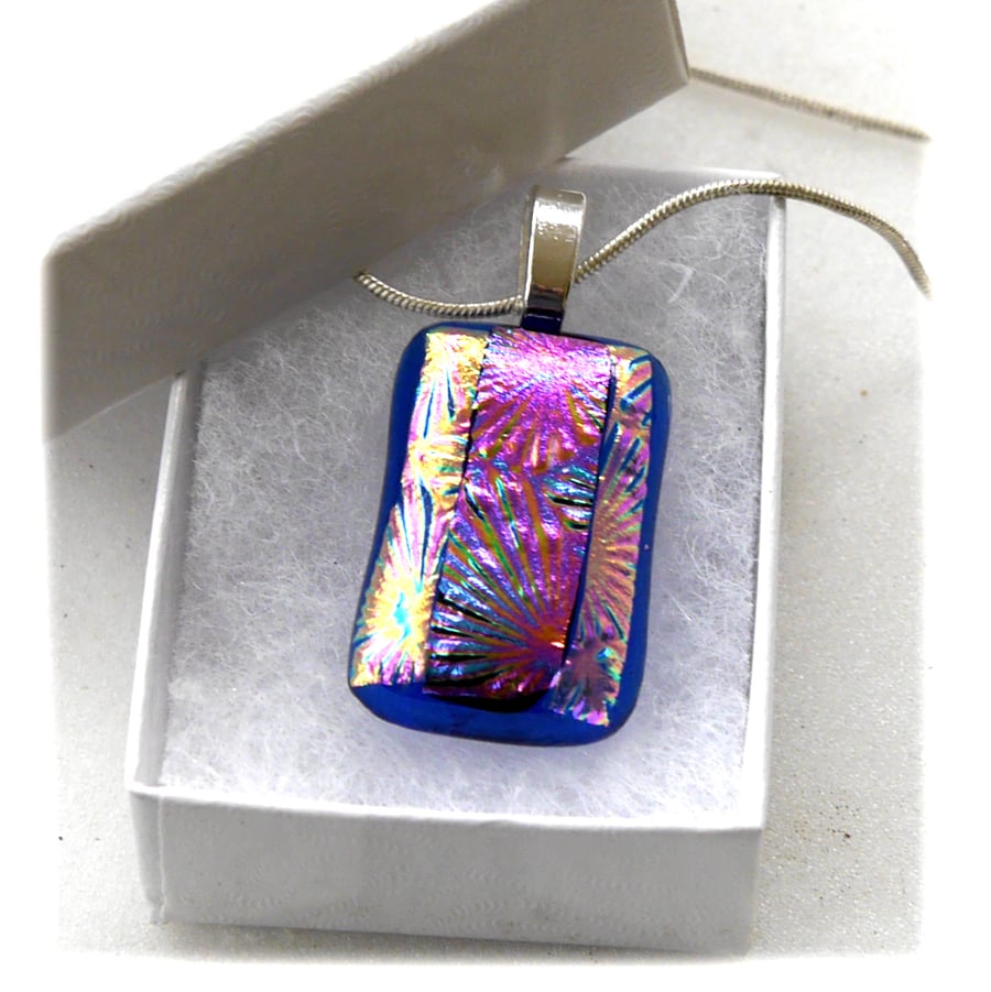 True Blue Dichroic Glass Pendant 167 Pink Purple Shimmer and silver plated chain