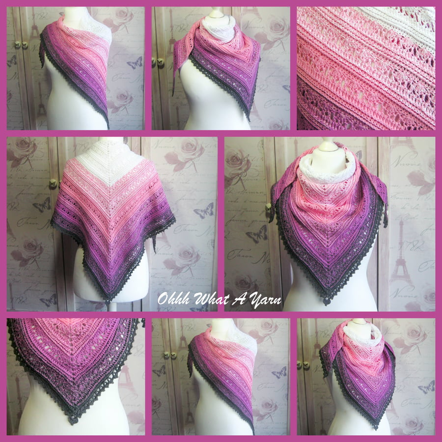 Crochet lightweight pink and grey 100% cotton shawl. Crochet shawlette.