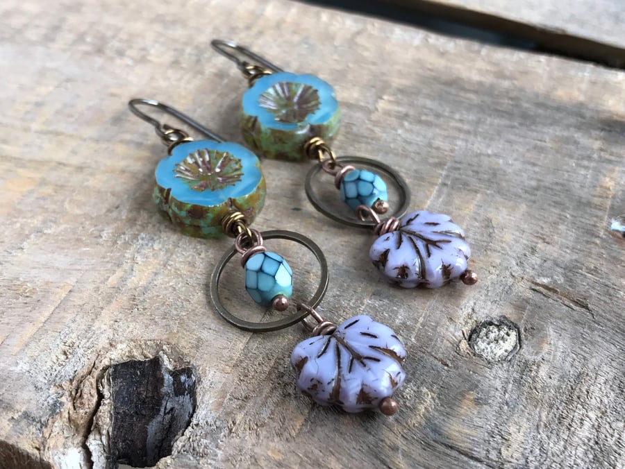 Rustic Maple Leaf Earrings. Czech Glass Flower Earrings. Nature Inspired Earring