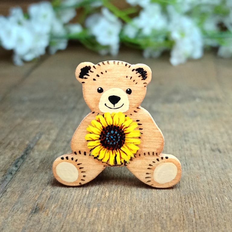 Sunflower Brooch, Handmade Sunflower Teddy Bear Badge, Summer Flower Pin Gift