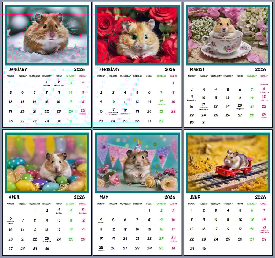 Hamsters 2026 A4 Calendar Wall Hanging 