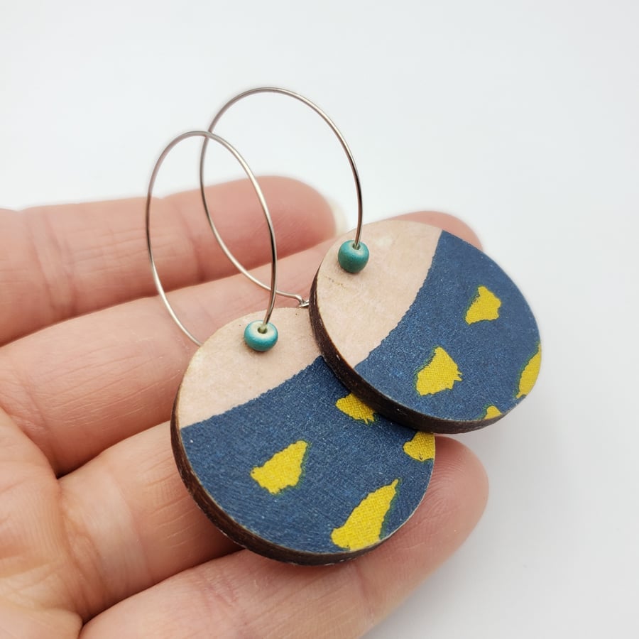 Navy blue, pale pink and yellow small dangly earrings