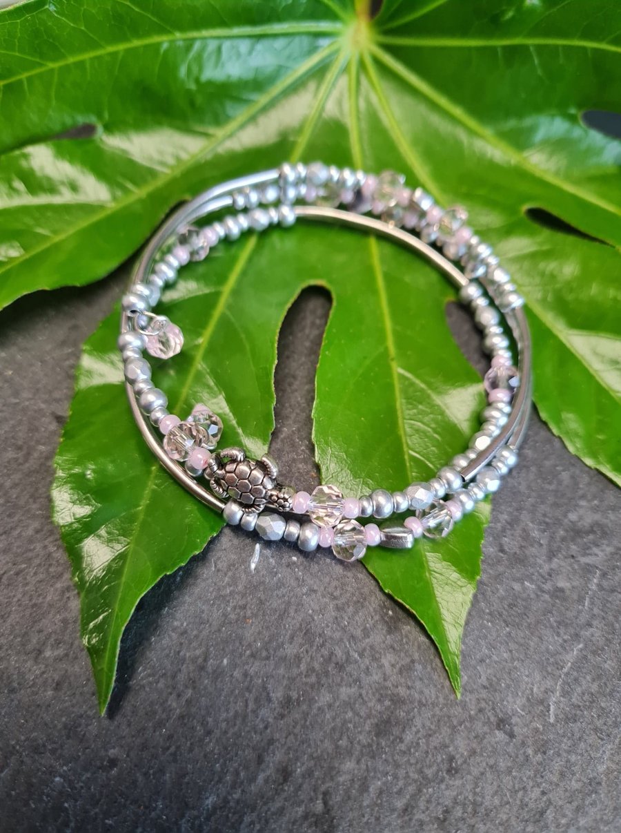 Wrap around Turtle, Hearts and Crystal Bracelet 