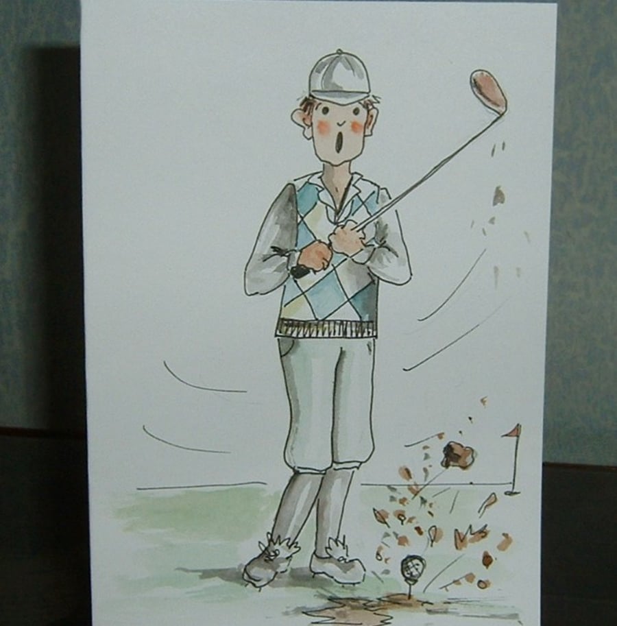 Golfer greetings card cartoon original, (ref 697)