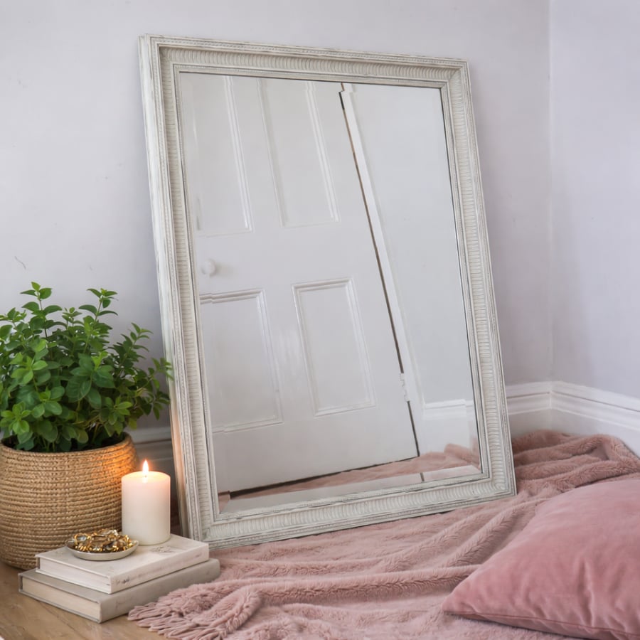Hand Painted Large Vintage Mirror - White Rustic Shabby Chic