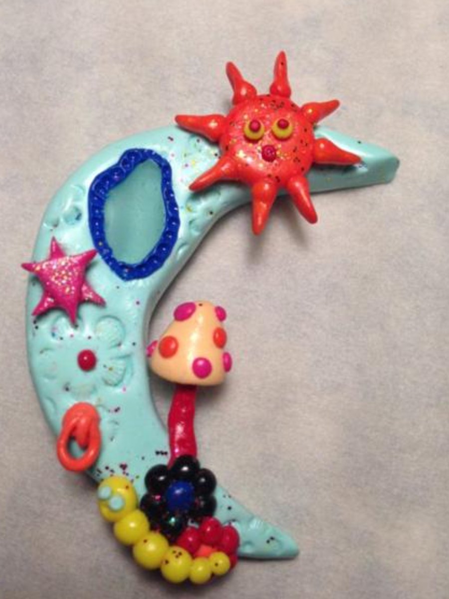 Ooak Handmade Polymer Clay Brooch Sun Moon Star Toadstool Mushroom