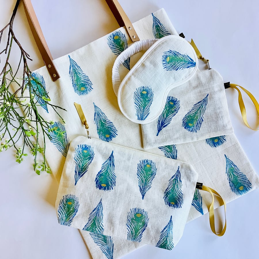 Peacock Feather Print Linen Tote Bag 