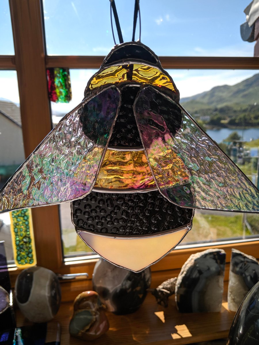 Stained glass bumble bee, gold, yellow, black, iridescent cream glass