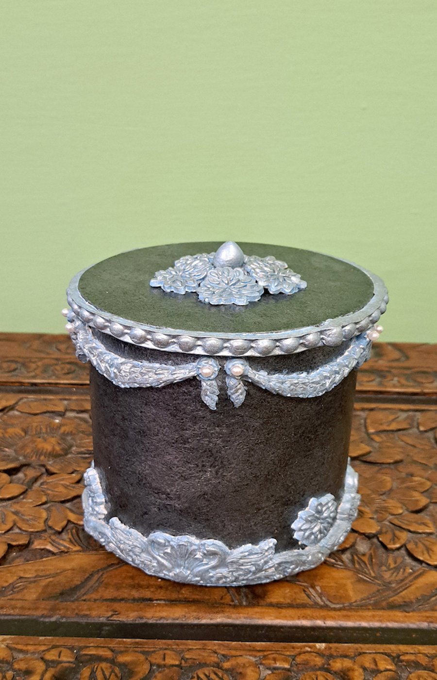 Handcrafted glass storage jar in Baroque style. Silver & light blue