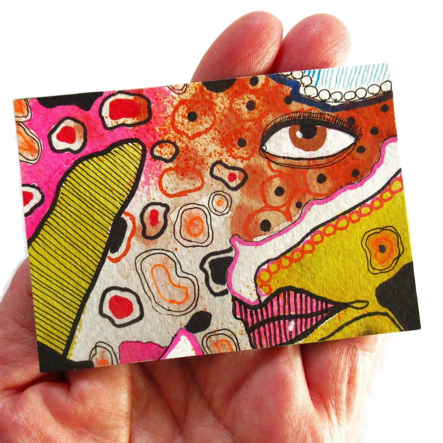 Tiny Art ACEO Abstract Eyes Painting Watercolour Miniature Weird Face Artwork