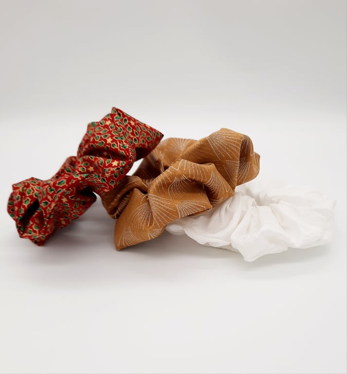 Large Christmas scrunchie set. White satin, red holly and art deco gold. 