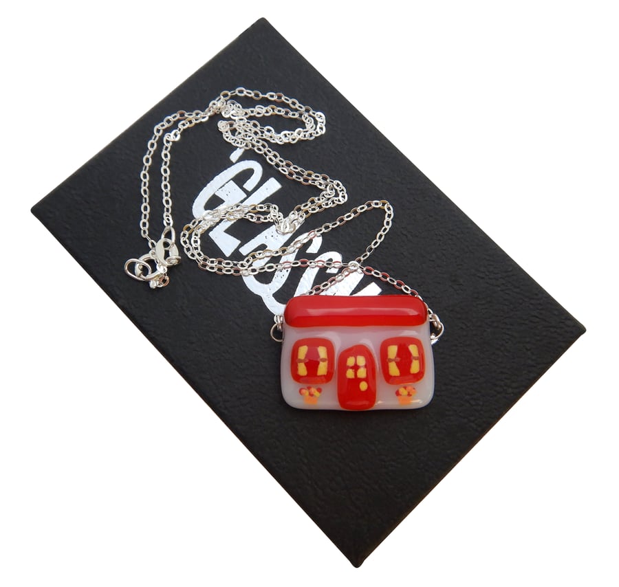 Handmade Fused Glass 'Little Red Cottage' Pendant