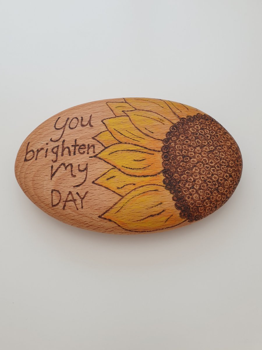 Sunflower pyrography giant wooden pebble ornament 