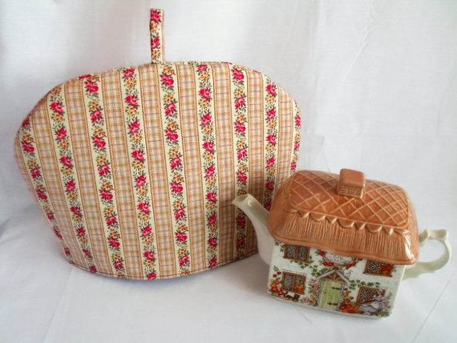  tea pot cozy to keep your brew warm, burgundy and peach floral fabric