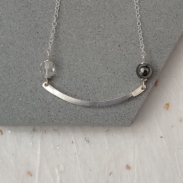 Sterling silver curved wire and bead necklace -  handmade bar necklace