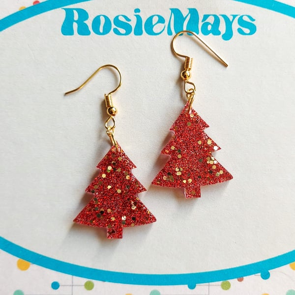 Sparkling Christmas Tree Earrings in Red and Gold