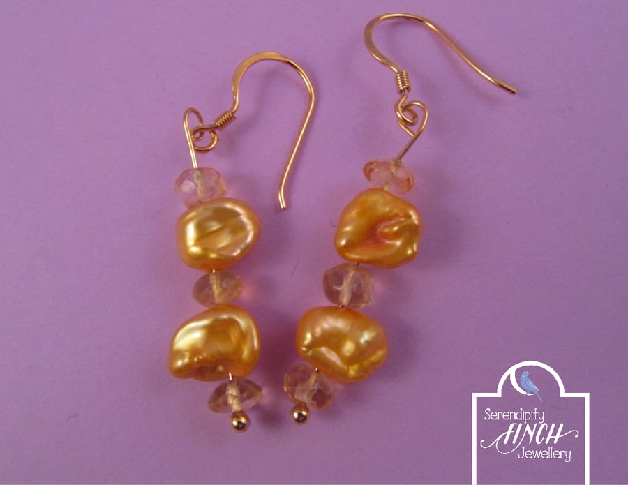 Gold Pearl Citrine Earrings with Gold Plated Silver